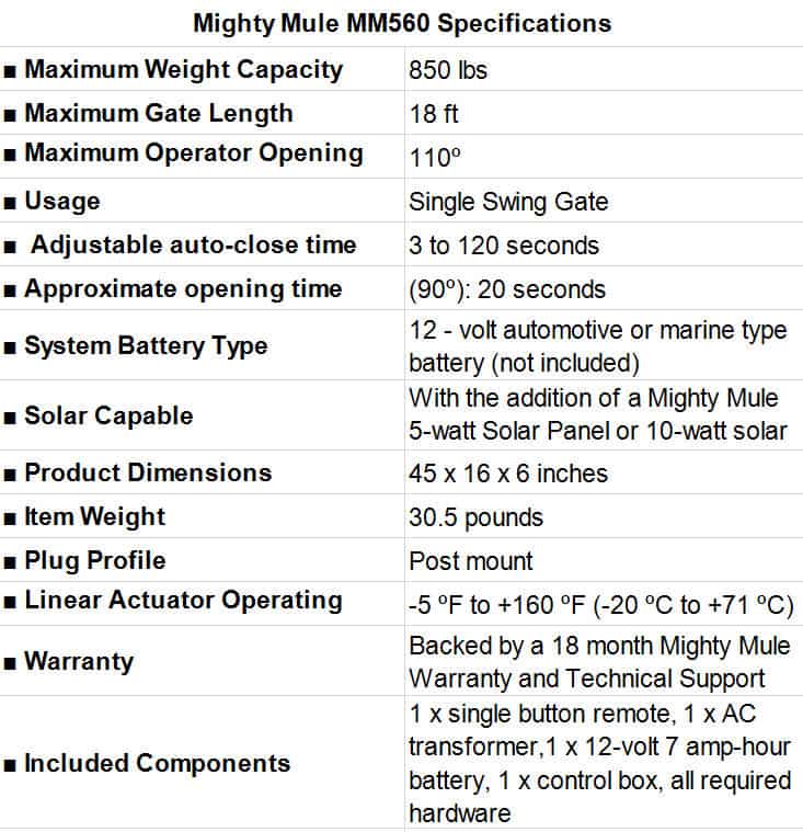 Mighty-Mule-MM560-Specifications