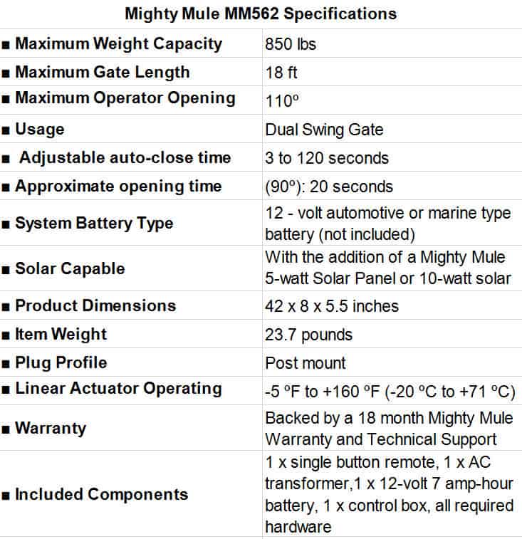 Mighty-Mule-MM562-Specifications