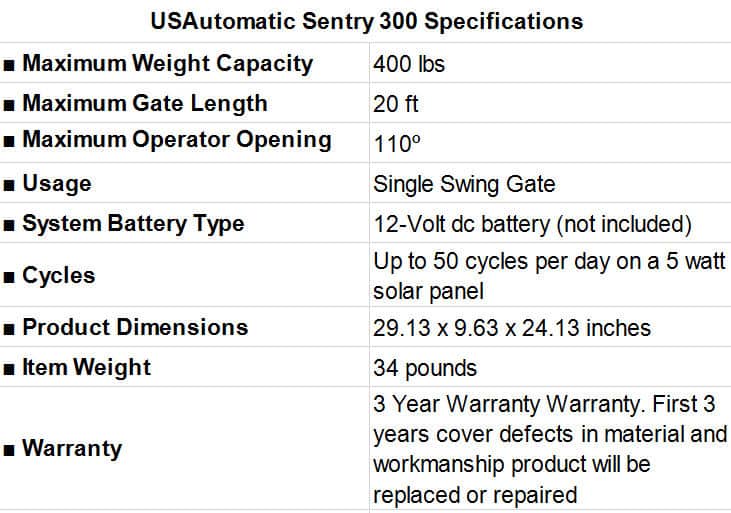 USAutomatic-Sentry-300-Specifications
